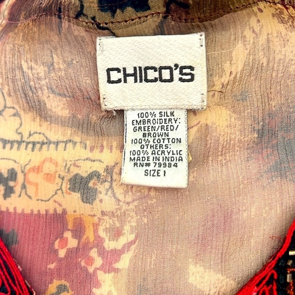 Chico’s NEW Silk long sleeve Sheer Tunic,V-neck embroidered neckline, Sz1, Sz S - Picture 15 of 15